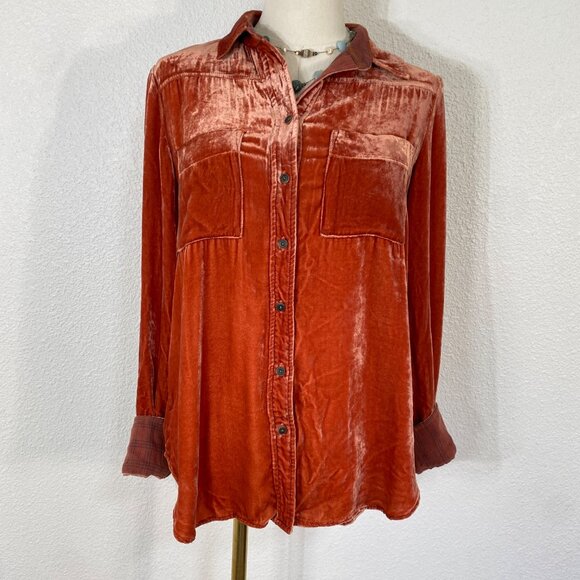 Anthro Holding Horses Rust Silk Blend Crushed Velvet Button Down Blouse Shirt XS - Picture 5 of 16